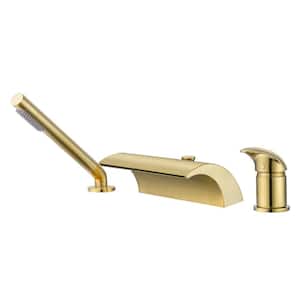 Waterfall Single Handle Tub Deck Mount Roman Tub Faucet with Hand Shower in Brushed Gold
