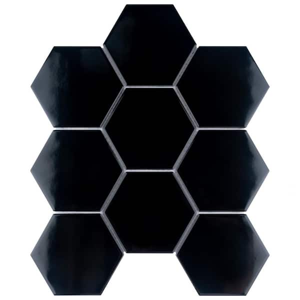 Merola Tile Metro Super 4 in. Hex Glossy Black 10 in. x 11-1/2 in. Porcelain Mosaic Tile (8.2 sq. ft./Case)