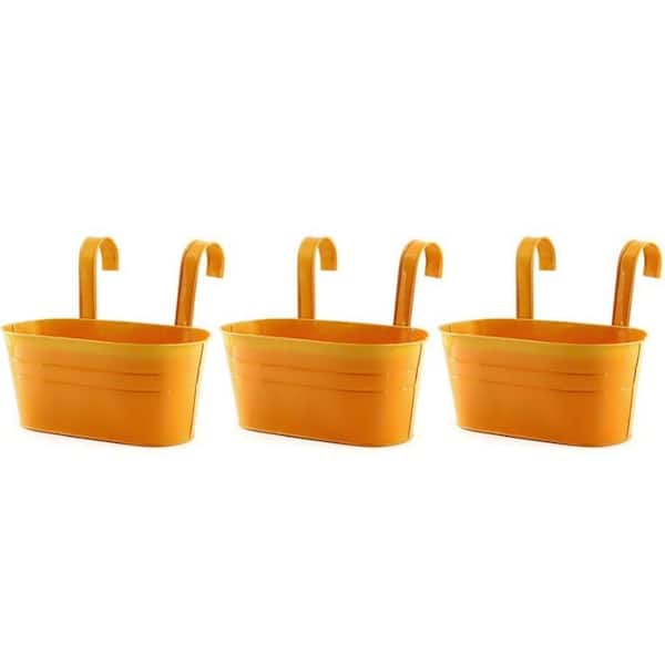 3 Pack Metal Iron Hanging Flower Pot, Oval Railing Fence Garden Balcony Planter Pots, Metal Bucket Flower Holders,Orange