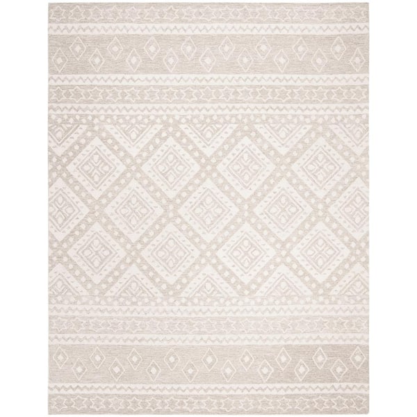 SAFAVIEH Micro-Loop Beige/Ivory 9 ft. x 12 ft. Tribal Border Diamonds Area Rug