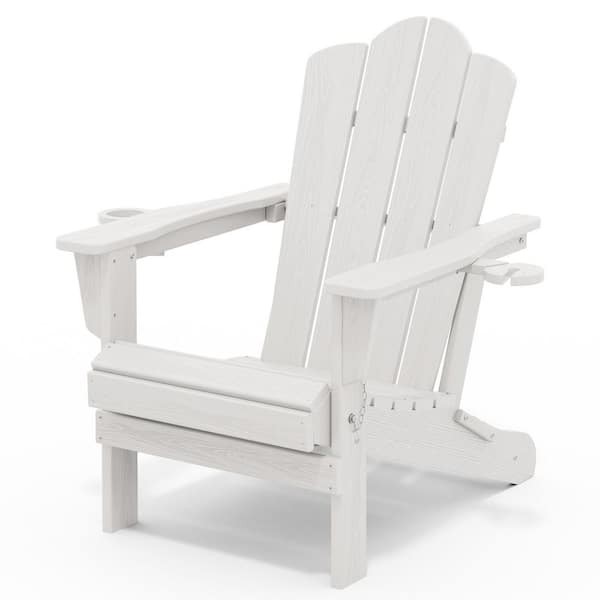 Classic Outdoor HDPE Folding Plastic Adirondack Chair with 2 Cup Holders in White (Set of 1)