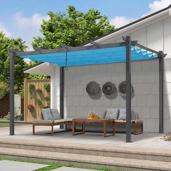 PURPLE LEAF 9.5 ft. x 13 ft. Gray Aluminum Frame Outdoor Pergola Gazebo Against The Wall with Blue Retractable Sun Shade Canopy
