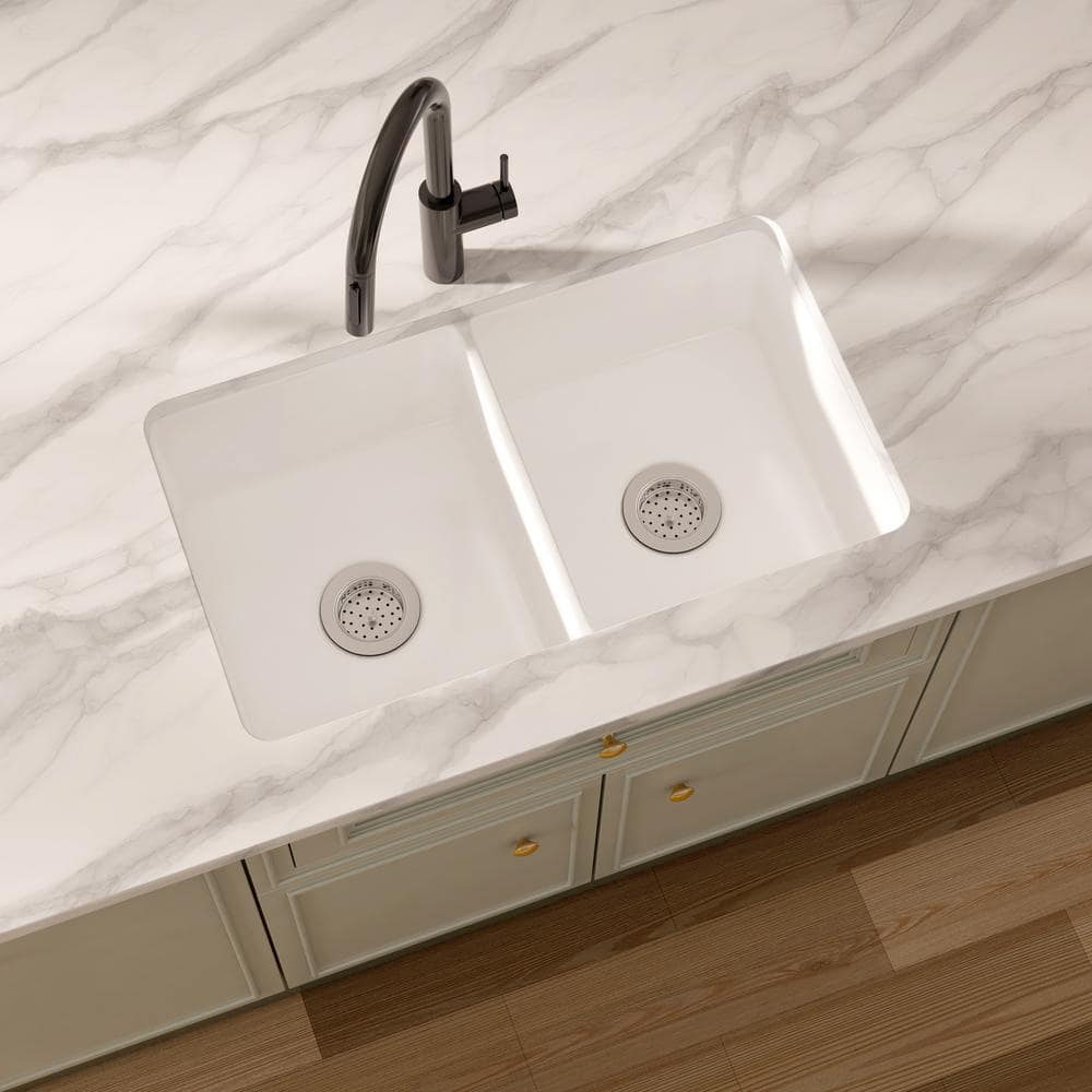 Oslo 32" White Fireclay Double Bowl Drop-In Kitchen Sink