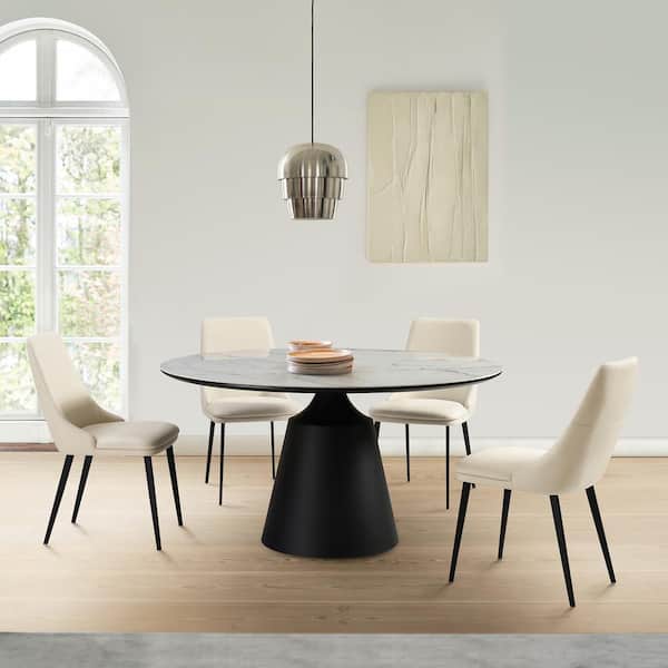 Armen Living Knox Genesis 5-Piece Round Stone Top Beige Dining Set