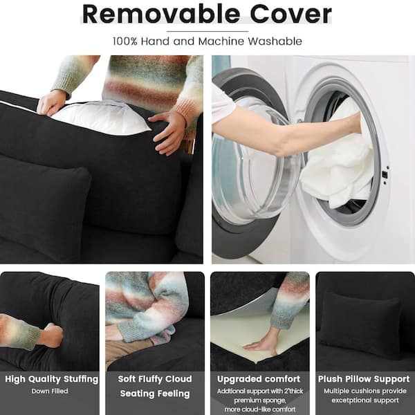 Modular Large 119 in. Flared Arm Plush Linen 3-Seat Cloud Couch Convertible Sectional Sofa in Black with Washable Cover