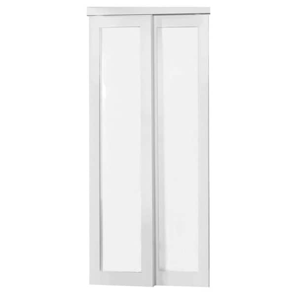 TRUporte 72 in. x 80 in. 2010 Series Off White 1-Lite Tempered Frosted Glass Composite Sliding Door