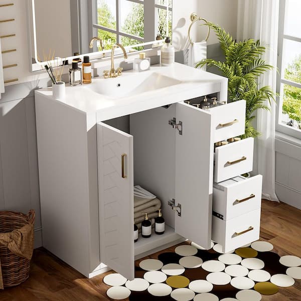 36 in. Freestanding White Bath Vanity with White Ceramic Top, Bathroom 3 Drawers and 2 Door Storage Cabinet Unassembled
