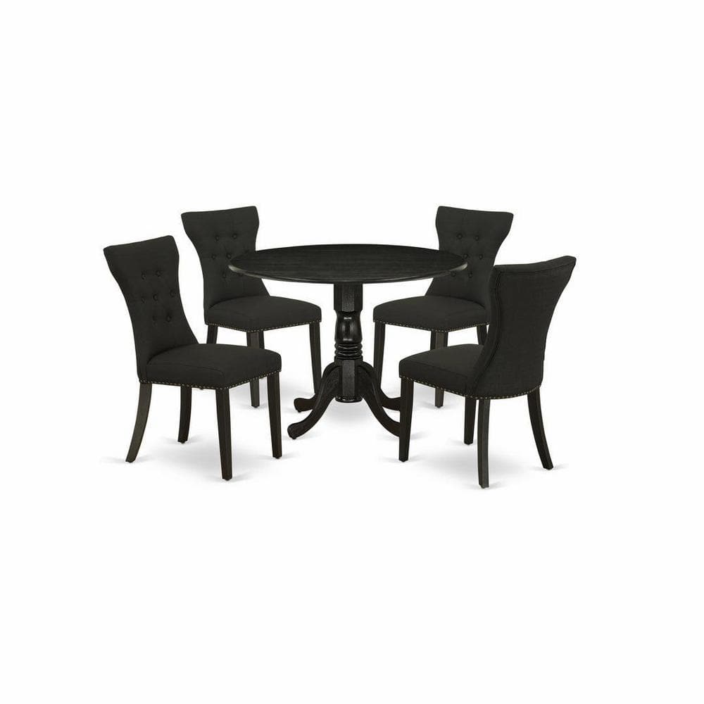 Elegant Wire-Brushed Black 5-Piece Round Dining Set with Linen Fabric Chairs