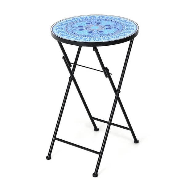 Costway Folding Mosaic Side Table 14 in. Blue 22 in. Round Ceramic Tile End Table Light
