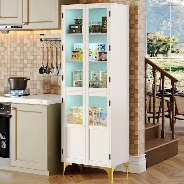 Bestier Tall White Engineered Wood 24 in. Kitchen Pantry Cabinet with Adjustable Shelves, Glass Doors and Led Lights