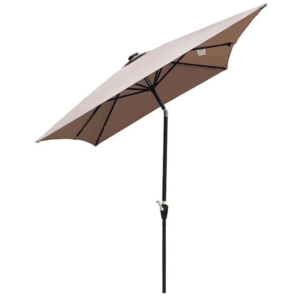 10 ft. x 6.5 ft. Metal Market Solar Tilt Patio Umbrella in Mushroom with Solar Led Lights and Crank