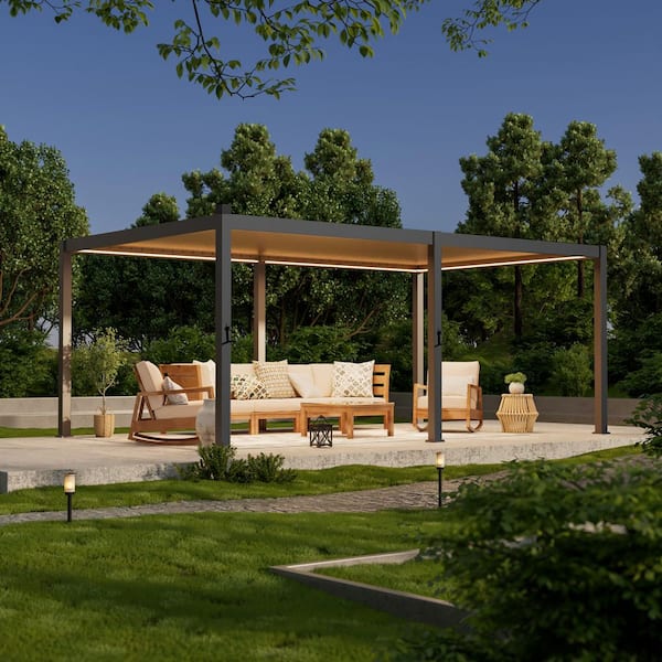 JOYESERY 12 ft. x 20 ft. Modern Aluminum Pergola with Adjustable Louvers, LED Lights and Solar Charging, Gray