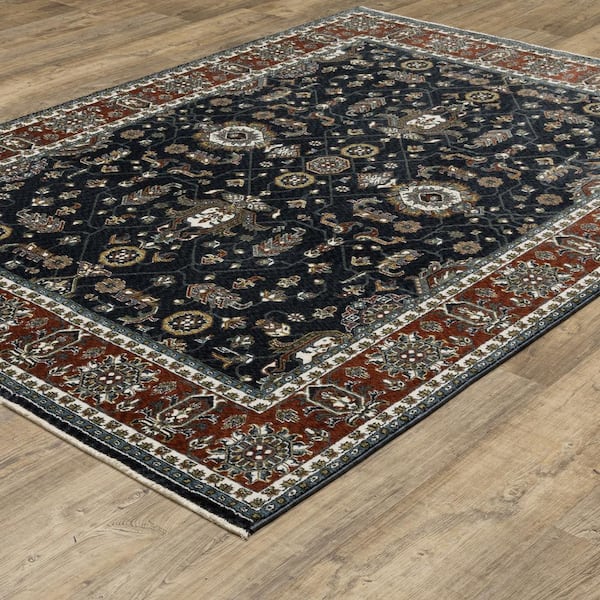 Victoria Navy/Red 4 ft. x 6 ft. Vintage Oriental Traditions Polyester Fringed-Edge Indoor Area Rug