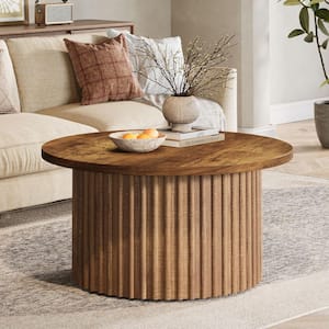 Allan 31.5 in. Brown Round Wood Coffee Table with Metal Base, Modern Accent Center Table Sofa Side Table for Living Room