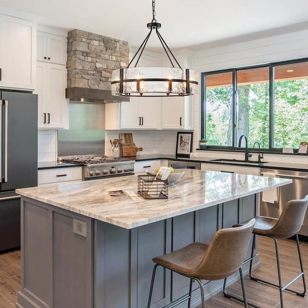 Dvorakova 27.95 in. 8-Light Matte Black Round Dimmable Chandelier with Textured Glass Shade