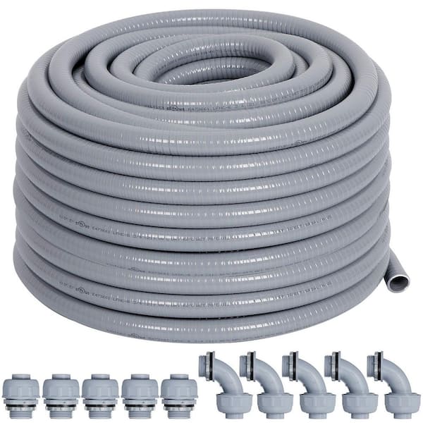 Vrbgify 1/2 in. x 50 ft. Non-Metallic PVC Flexible Liquid-Tight Electrical Conduit with 5 Straight 5-Angle Connector Fittings