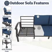 7-Piece Aluminum Patio Conversation Set with armrest, Firepit Table, Swivel Rocking Chairs and Cushion Navy Blue