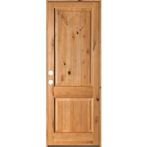 42 in. x 96 in. Rustic Knotty Alder Square Top V-Grooved Clear Stain Right-Hand Inswing Wood Single Prehung Front Door