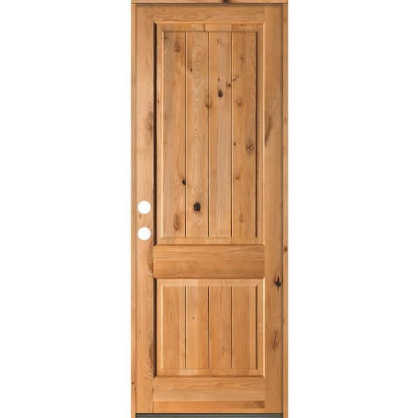 Krosswood Doors 42 in. x 96 in. Rustic Knotty Alder Square Top V-Grooved Clear Stain Right-Hand Inswing Wood Single Prehung Front Door