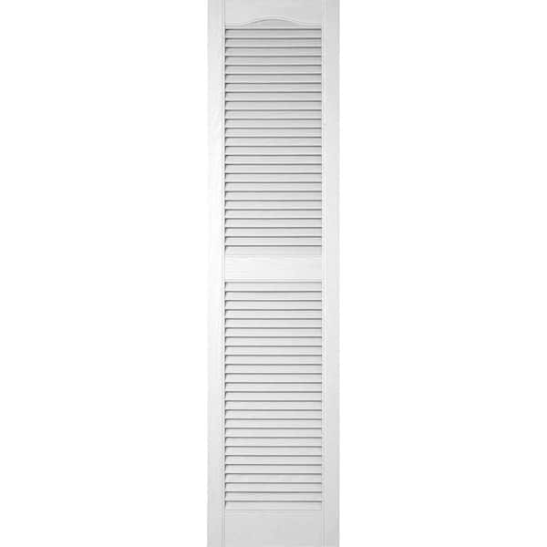 Ekena Millwork 14-1/2 in. x 39 in. Lifetime Vinyl Custom Cathedral Top Center Mullion Open Louvered Shutters Pair Paintable
