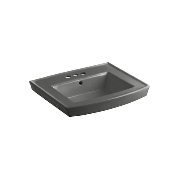 KOHLER Archer 24 In. Vitreous China Pedestal Sink Basin Only in Thunder Gray with Overflow Drain