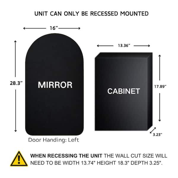TEHOME 16-in x 28.3-in Recessed Mount Matt Black Mirrored Arched Medicine Cabinet