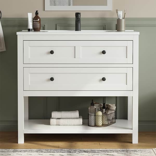 Shay 37 in. Single Sink White Bath Vanity with White Engineered Solid Surface Top and 2 Drawers (Unassembled)