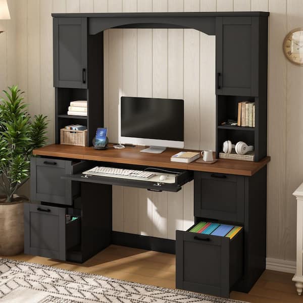 Executive 67.54 in. Black Home Office Computer Writing Desk with Charging Station, Keyboard Tray, Hutch, File Drawers