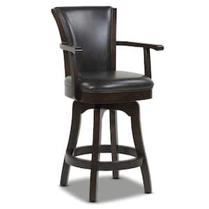 Williams 27 in. Black Brown Brown Faux Leather Modern Rustic High Back Swivel Bar Stool with Armrests and Wood Frame