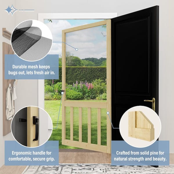 36 in. x 80 in. Universal Unfinished Pine Vertical Slat Screen Door with Lock-Classic 5-Bar Style Gauze Mesh Hinged Door