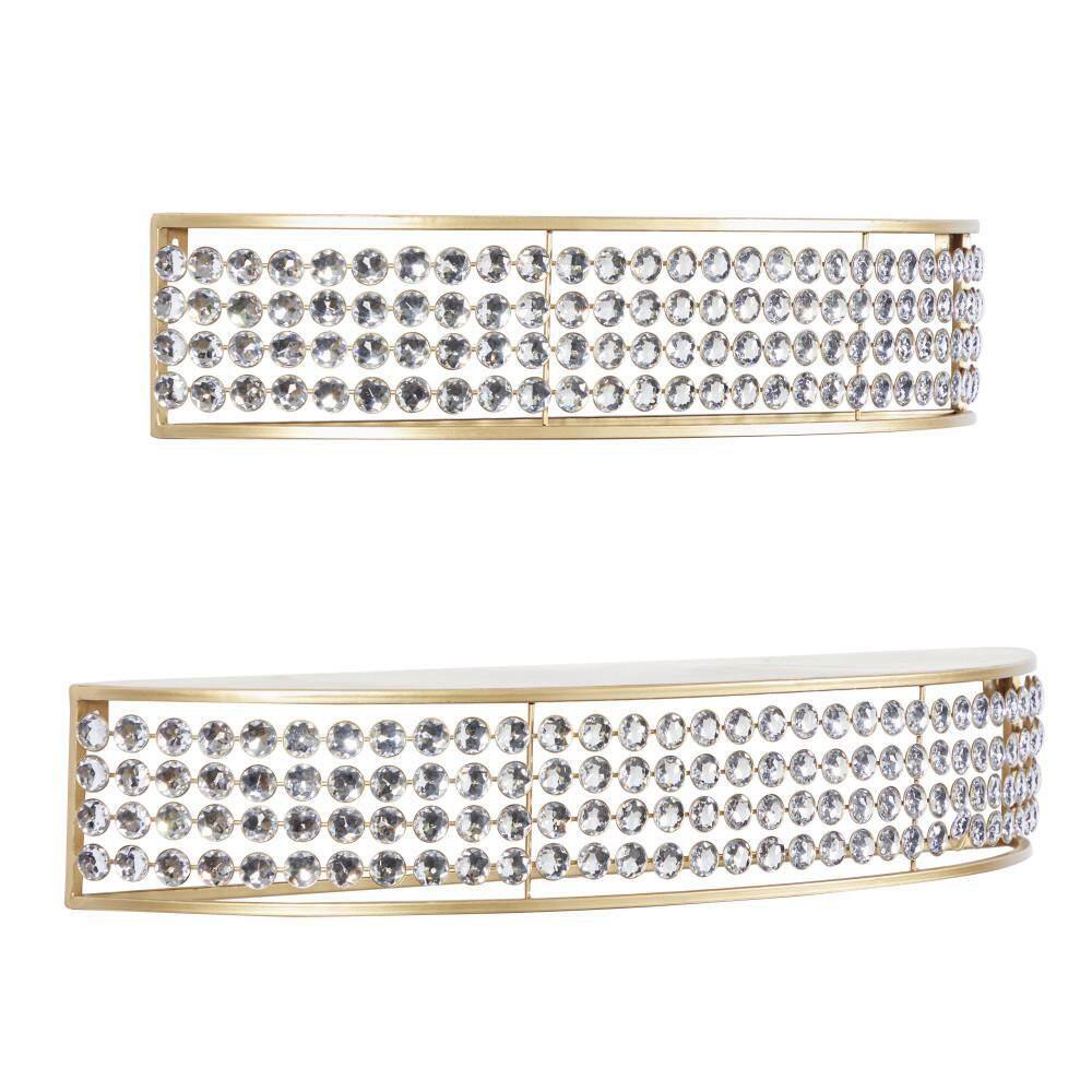 Elegant Gold-Tone Metal Wall Shelf with Crystal Accents, Set of 2