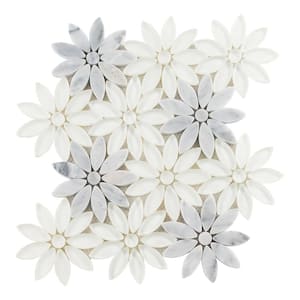 Fresh Nuptuals Gray/White 5 in. x 6.5 in. Floral Pattern Matte Stone/Glass Mosaic Tile Sample