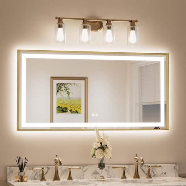 48 in. W x 24 in. H Rectangular Framed LED Lighted Bathroom Vanity Mirror with Light in Gold with Backlit and Anti-Fog
