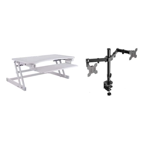 37.5 in. W White Height Adjustable Standing Desk Converter with Dual Monitor Mount and Double Screen Riser Platform