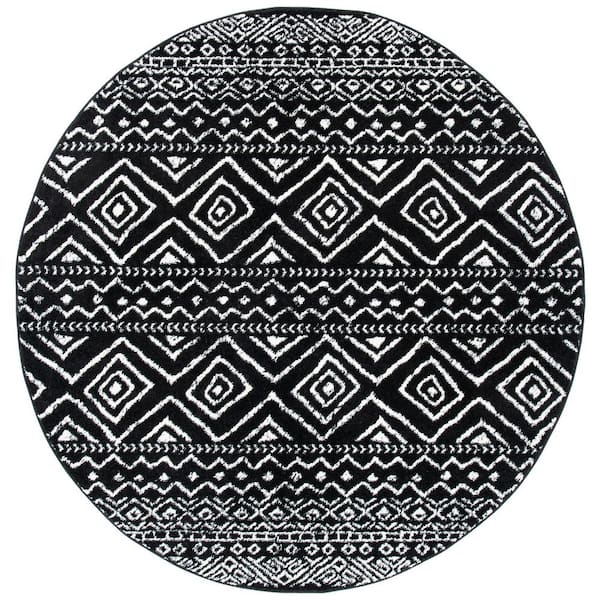 Tulum 8 ft. x 8 ft. Round Black/Ivory Striped Geometric Diamonds Area Rug
