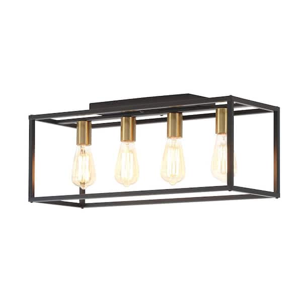 UMEILUCE 24 in. 4-Light Farmhouse Balck&Gold Metal Rectangle Cage Flush Mount with E26 Base for Bedroom Kitchen Island