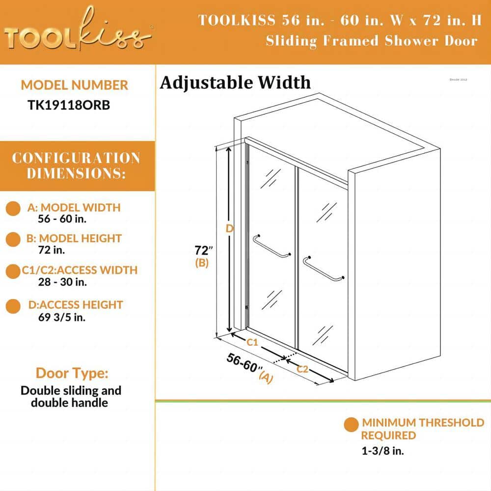 60" W x 72" H Oil Rubbed Bronze Double Sliding Shower Door