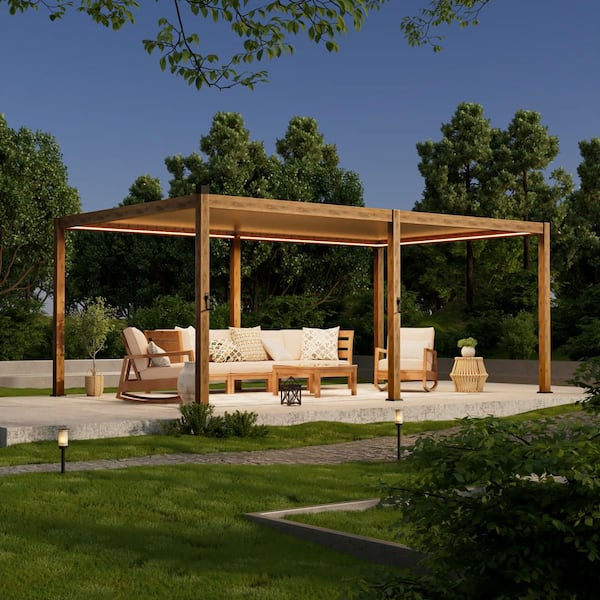 JOYESERY 12 ft. x 20 ft. Modern Aluminum Pergola with Adjustable Louvers, LED Lights and Solar Charging, Wood Grain