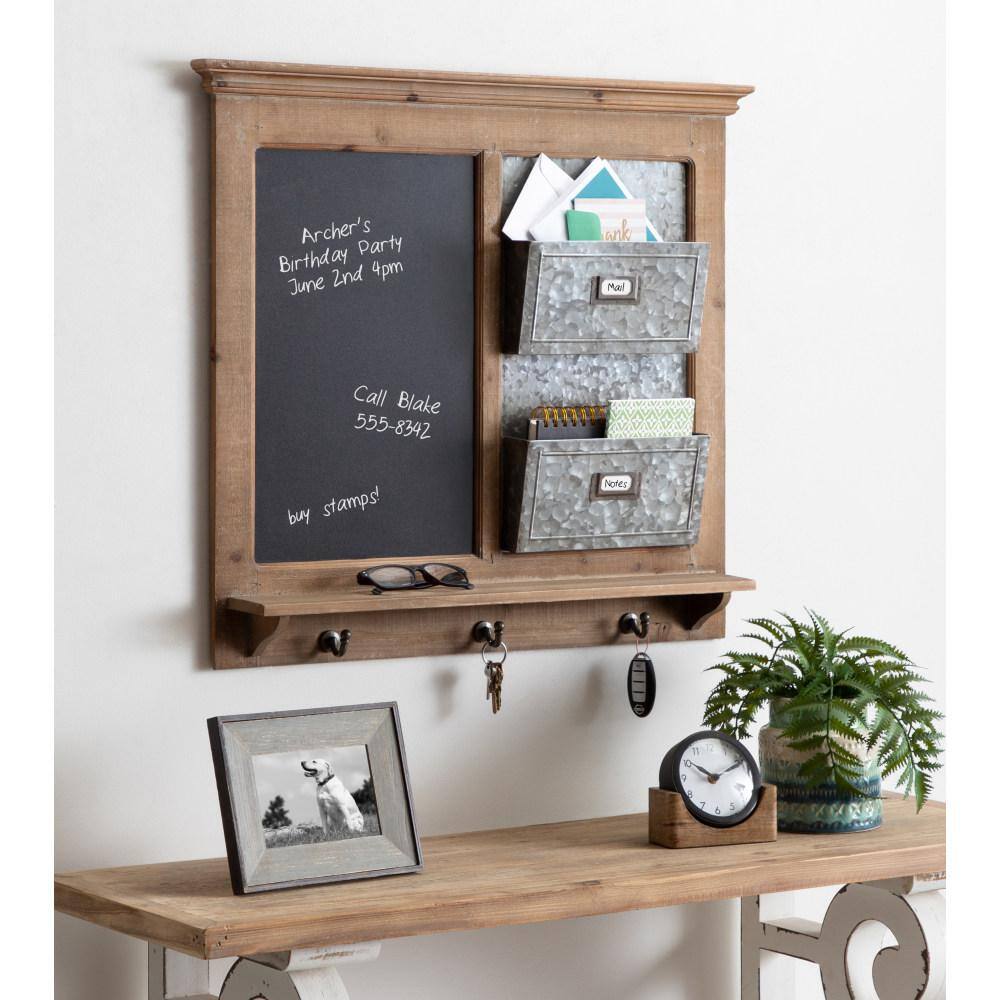 Rustic Brown Wood and Metal Wall Organizer with Chalkboard