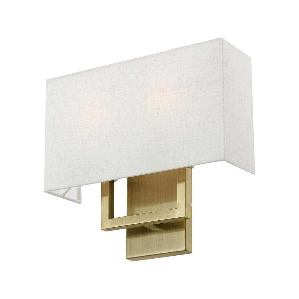 Antique Brass 2-Light Sconce with Oatmeal Fabric Shade