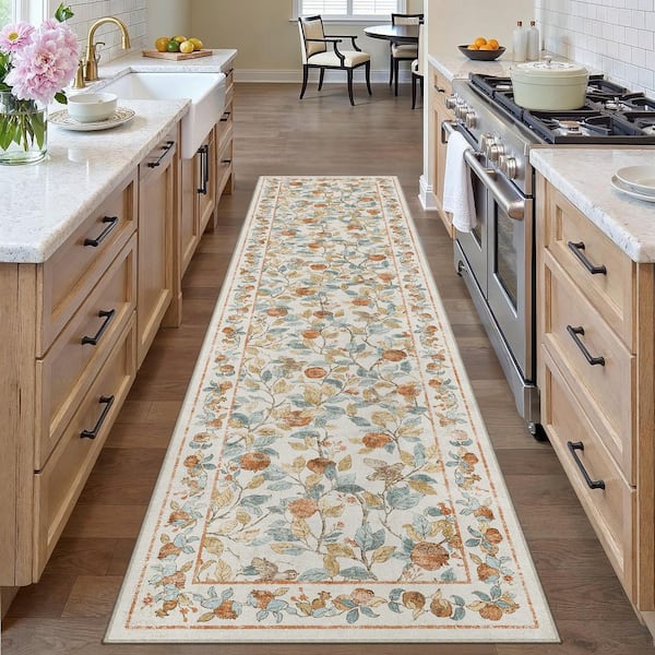 Pomegranate 2 ft. X 8 ft. Beige Floral Runner Rug