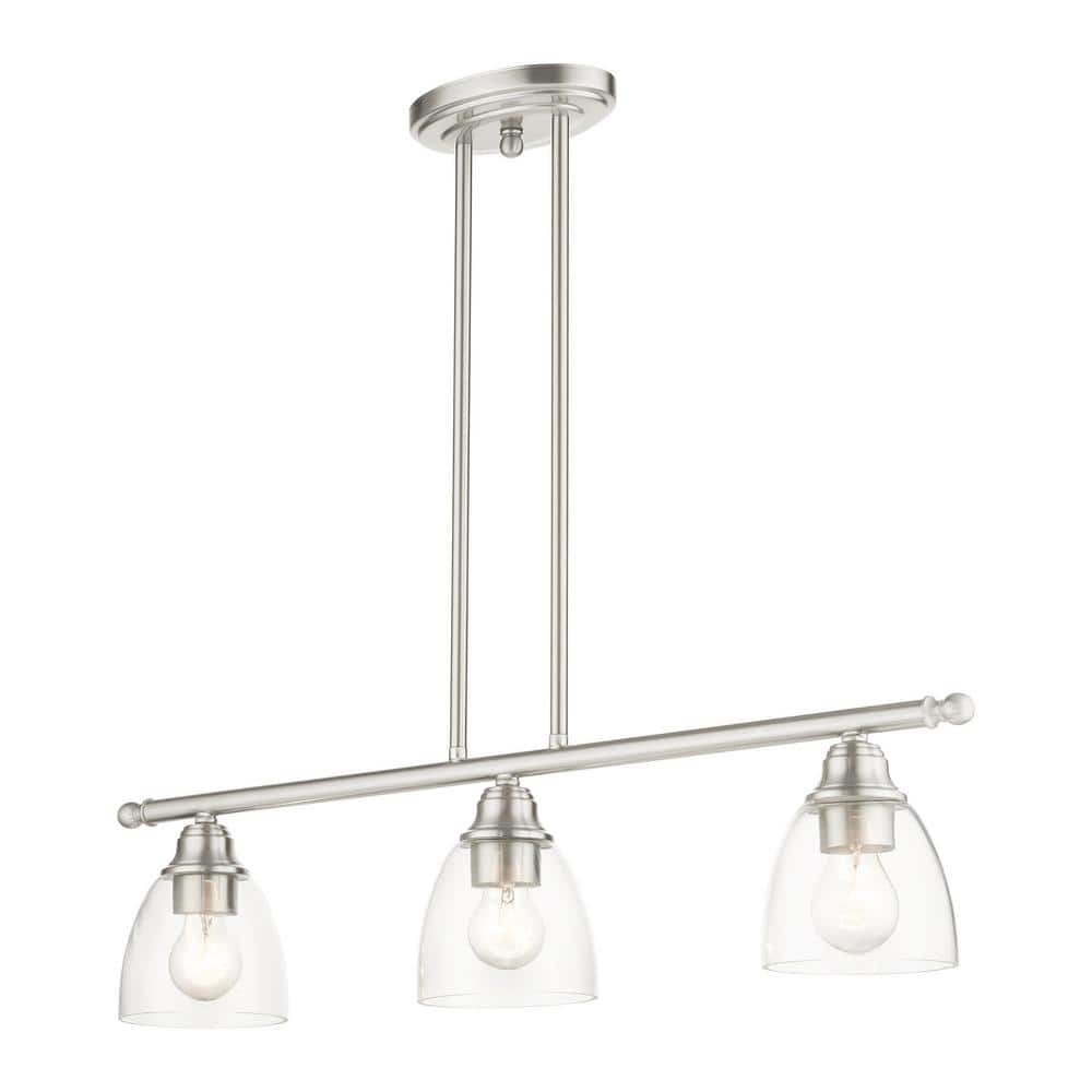 Elegant Brushed Nickel 3-Light Linear Chandelier with Hand-Blown Glass Shades