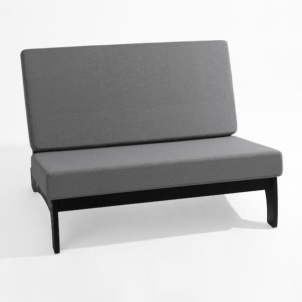 Black Wood Frame Outdoor Club Loveseat with Gray Cushions (Set of 1)