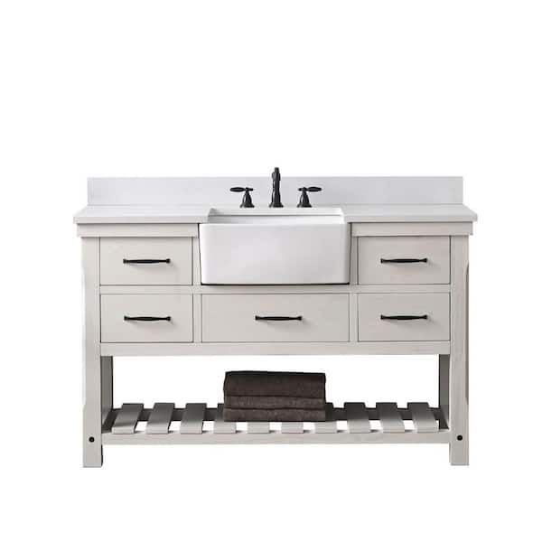 Wesley 54 in. W x 22 in. D Bath Vanity in Weathered White with Engineered Stone Top in Ariston White with White Sink