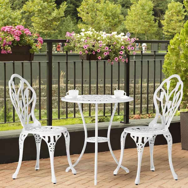 VINGLI Tulip Design White 3-Piece Cast Aluminum Outdoor Bistro Set, Rust-Resistant Bistro Chairs and Table with Umbrella Hole