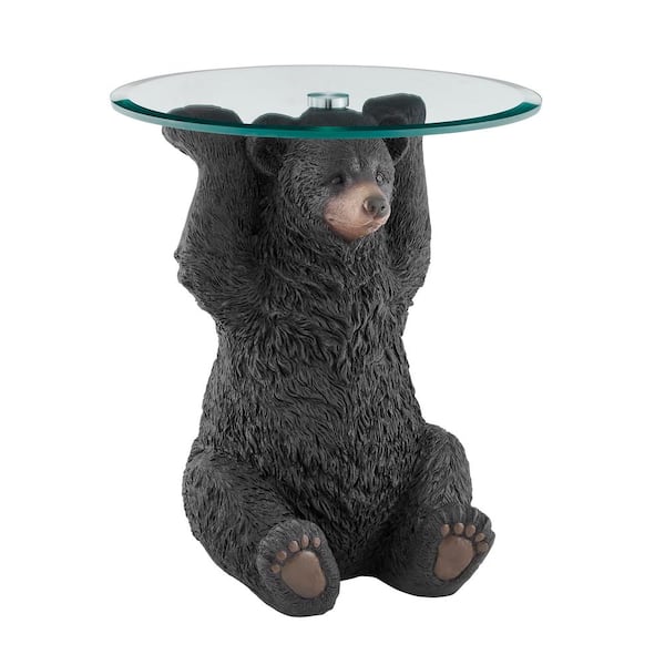 Barney Bear 20 in. Dark Brown Round Glass Top End Table