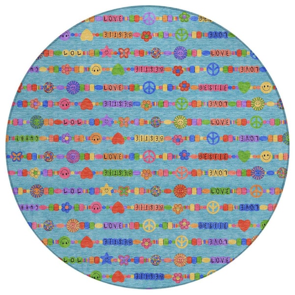 Chantille Machine Washable Indoor/Outdoor Abstract ACN2658 Teal 8 ft. x 8 ft. Round Rug