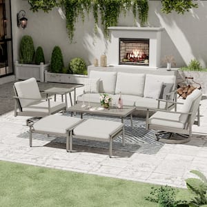 7-Piece Aluminum Patio Conversation Set with 3-Seat Couch, 2 Swivel Chairs, 2 Ottomans, Coffee Table and Gray Cushions