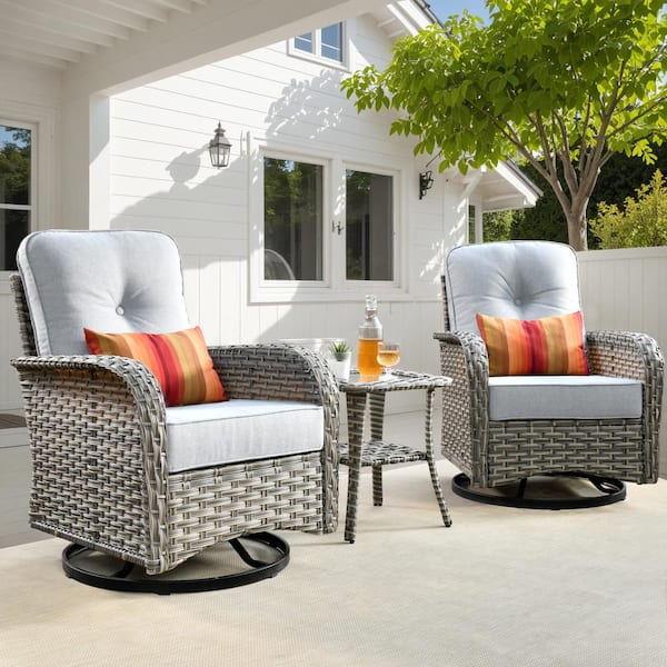 OVIOS Vinceny Gray 3-Piece Wicker Patio Conversation Seating Set with Gray Cushions and Swivel Chairs