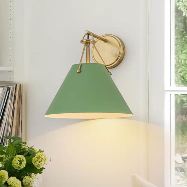 HUOKU Nimbus 1-Light 11.8 in. W Brass and Green Farmhouse Cone